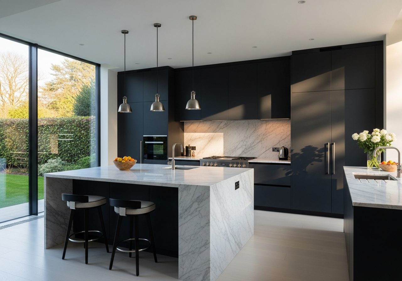 A bespoke modern kitchen with a large island and pendant lighting